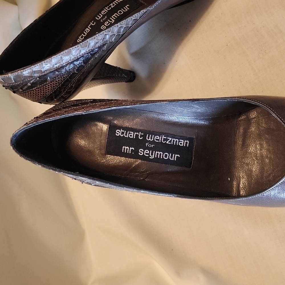 Vintage, grey, leather & snakeskin heels